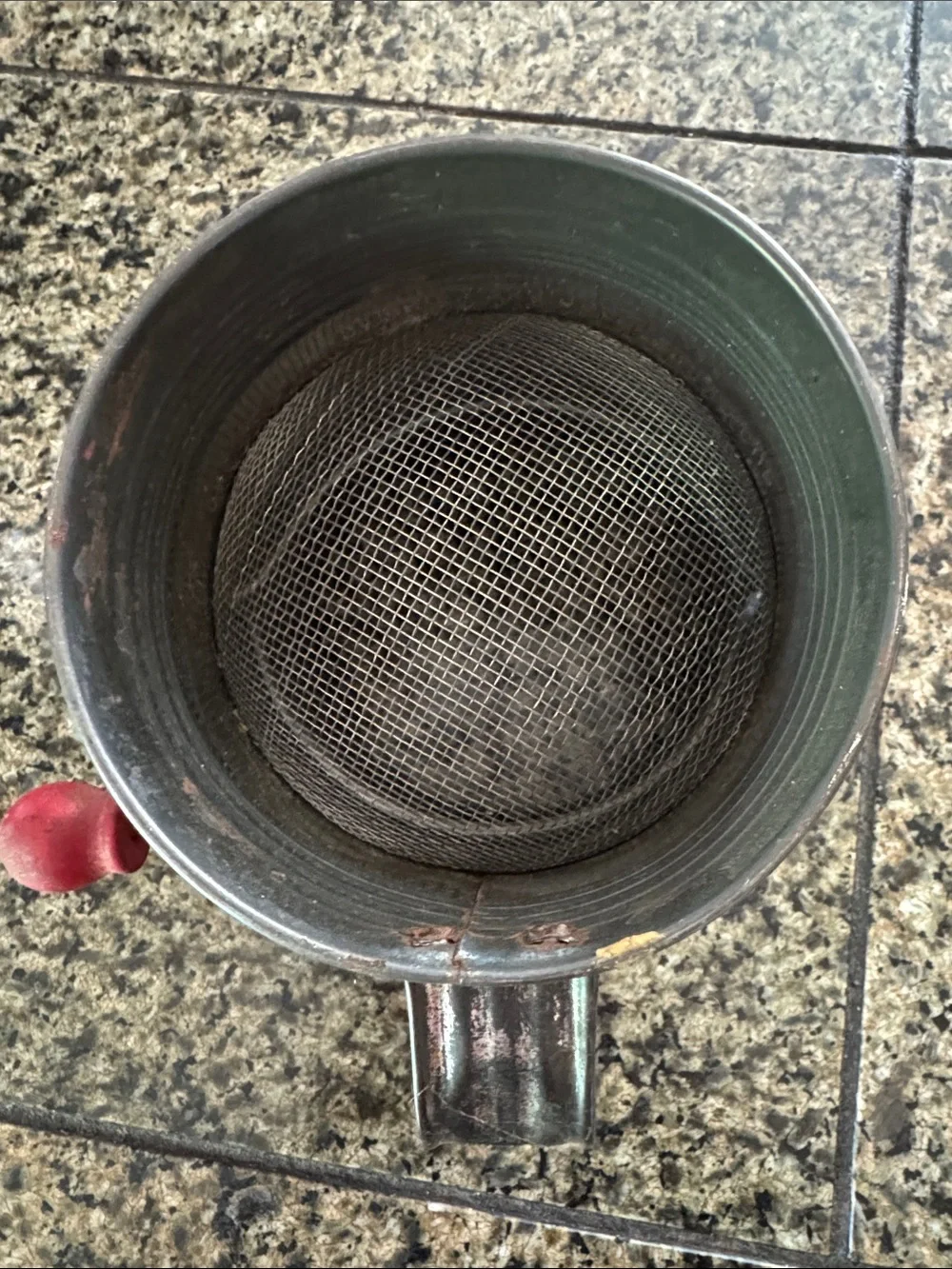 Bromwell’s Vintage Flour Sifter Metal with red wooden handle